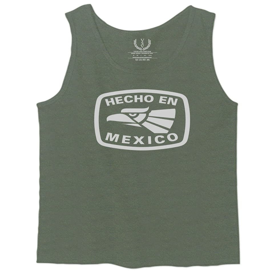 0114. Hecho en Mexico Logo 5 de Mayo Viva Mexican Republic Mexicano Men's Fitted Tank Top (Olive, X-Large)