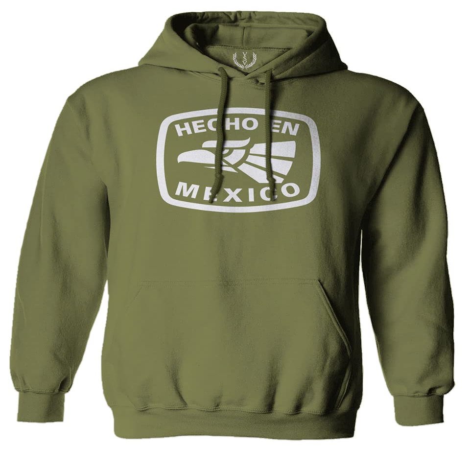 0114. Hecho en Mexico Logo 5 de Mayo Viva Mexican Republic Mexicano Sweatshirt Pullover Hoodie (Olive, Small)