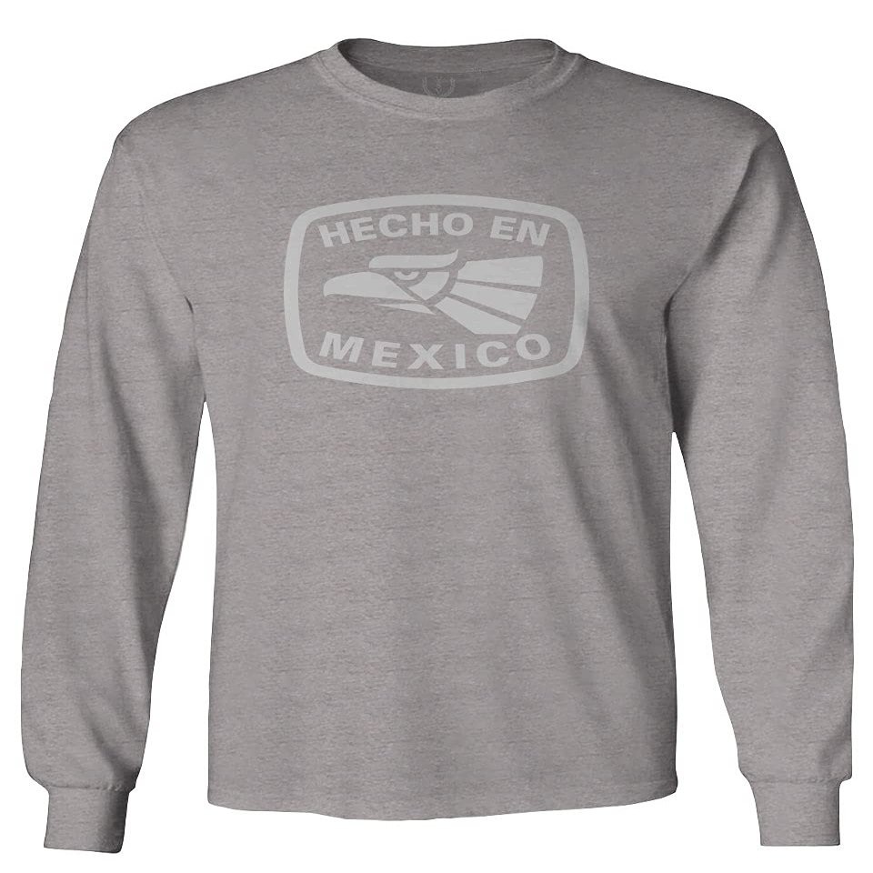 0114. Hecho en Mexico Logo 5 de Mayo Viva Mexican Republic Mexicano Men's Long Sleeve t Shirt (Light Gray X-Large)