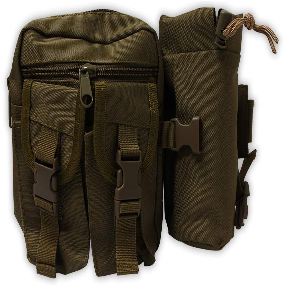 ToolUSA Green Military-Style Waist Bag | Approx. 10.5" (26.7 cm) W x 3" (7.6 cm) D x 7" (17.8 cm) H | 3 Front Pockets + Main Compartment | Water Bottle Holder | Adjustable Quick-Release Belt