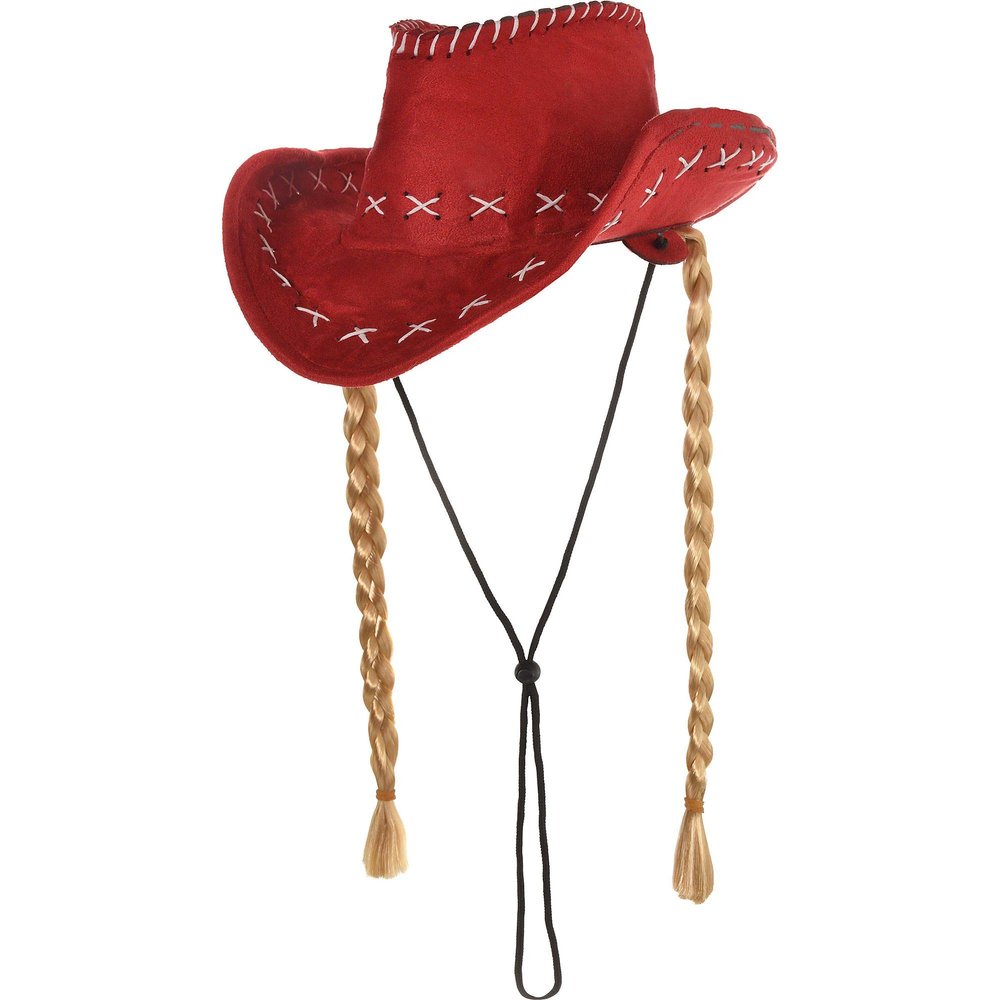 Amscan Adult Cowgirl Hat with Braids, 8400338 , Red