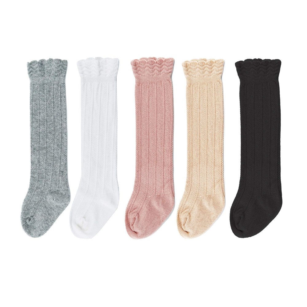 Bestjybt Baby Girls Boys Knee High Socks Cotton Newborn Infants Toddlers Cable Knit Tube Ruffled Stockings, 5 Pairs (Multicolor, 3-12 Months)