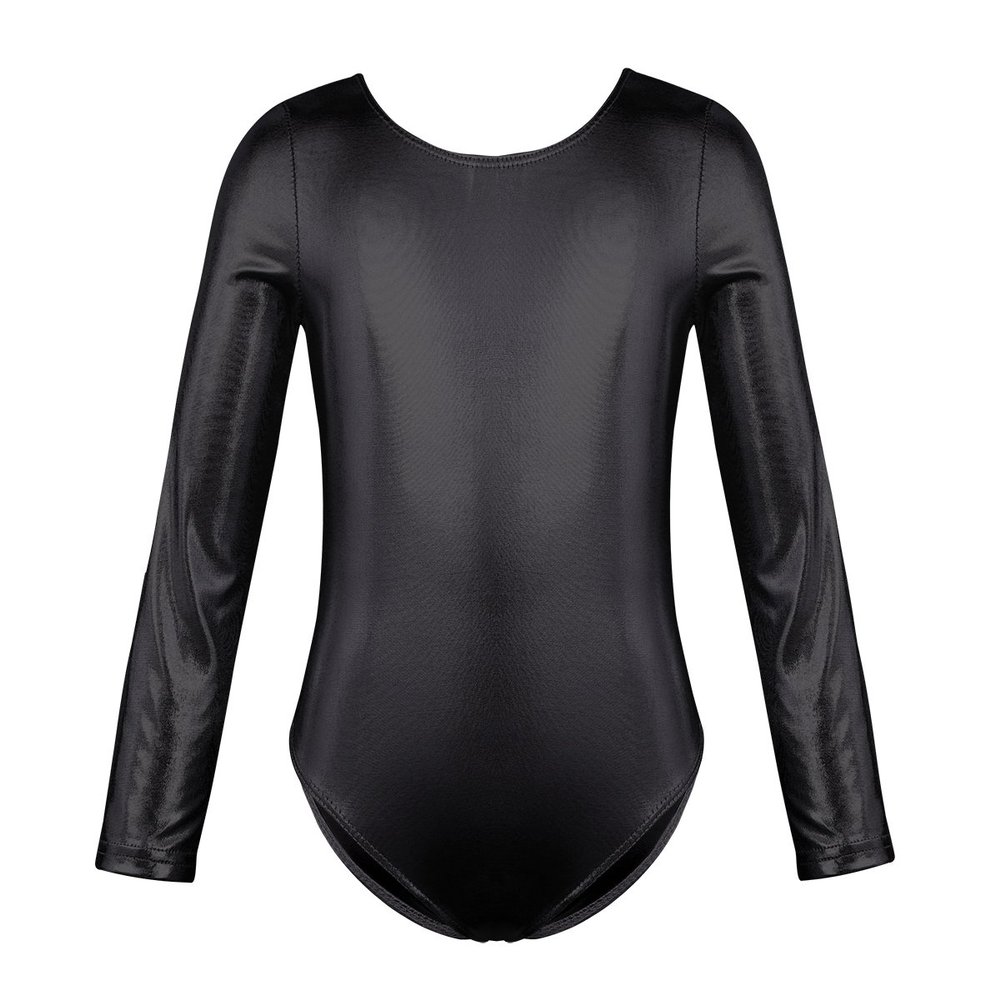 Alvivi Kids Girls Long Sleeve Shiny Metallic Ballet Gymnastics Leotard for Dance Athletic Sports Bodysuit Crop Tops Black 5-6