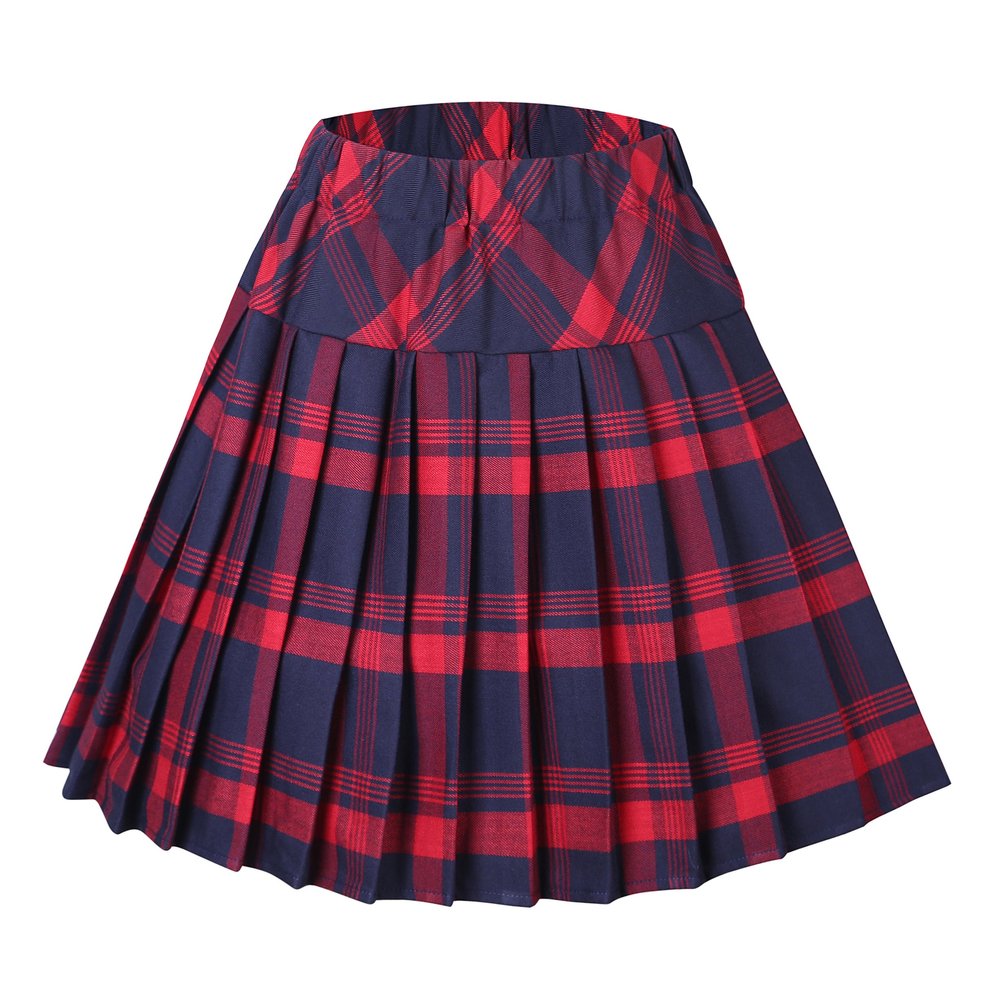 EXCHIC Women's A-Line Mini Skirt Stretchy High Waist Pleated Tennis Skirts Plaid School Uniform Dance Casual Wear (L, 1 Red)