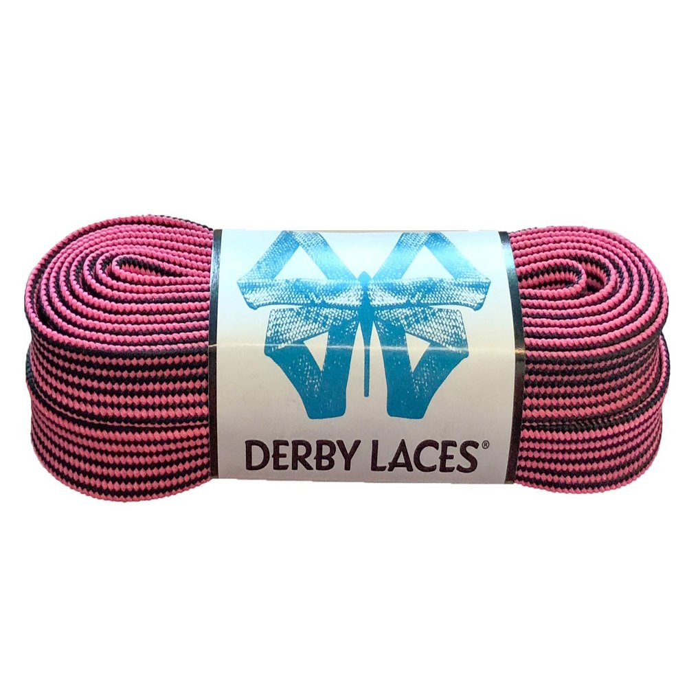 Derby Laces Striped - Flat, 10mm Wide, for Boots, Skates, Roller Derby, and Hockey Skates (Black and Hot Pink, 45 Inch / 114 cm)