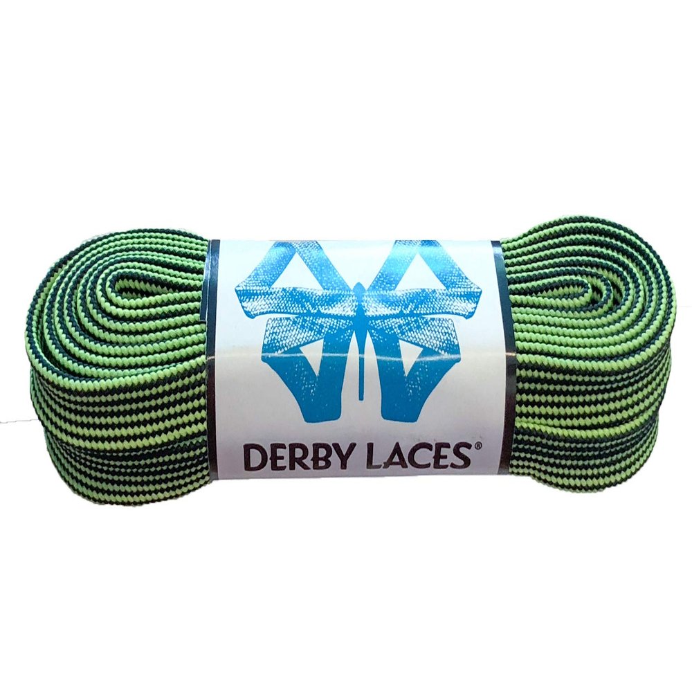 Derby Laces Striped - Flat, 10mm Wide, for Boots, Skates, Roller Derby, and Hockey Skates (Black and Lime Green, 84 Inch / 213 cm)