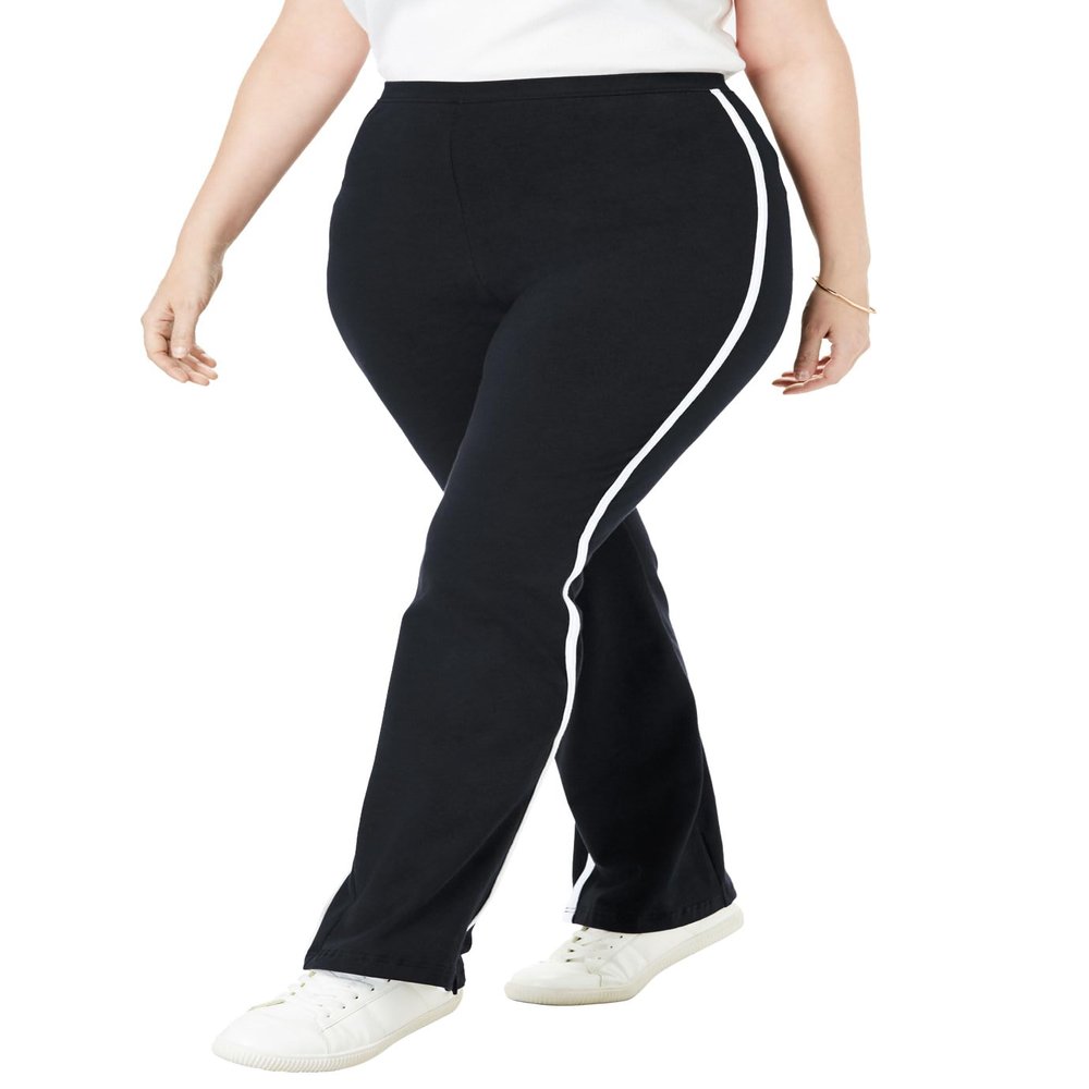 Woman Within Plus Size Tall Stretch-Cotton Knit Pull-On Bootcut Side-Stripe Leggings - 5X, Black White