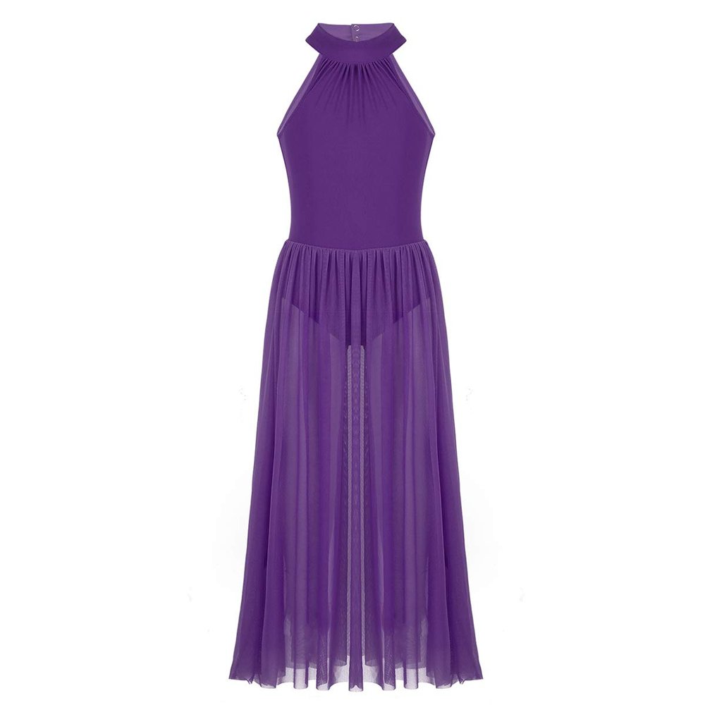 ACSUSS Kids Girls Ballet Dance Dress Halter Mesh Maxi Dress Modern Contemporary Dancewear Purple 12