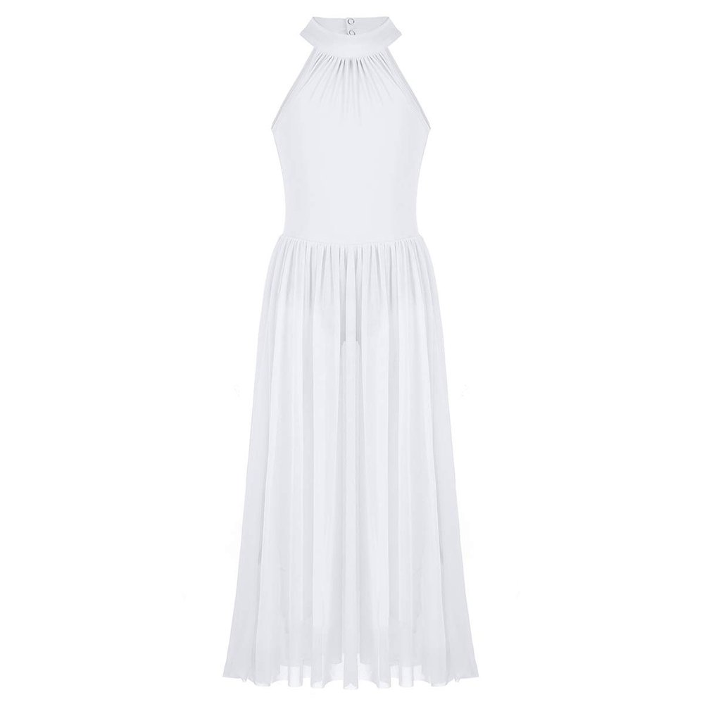 ACSUSS Kids Girls Ballet Dance Dress Halter Mesh Maxi Dress Modern Contemporary Dancewear White 16