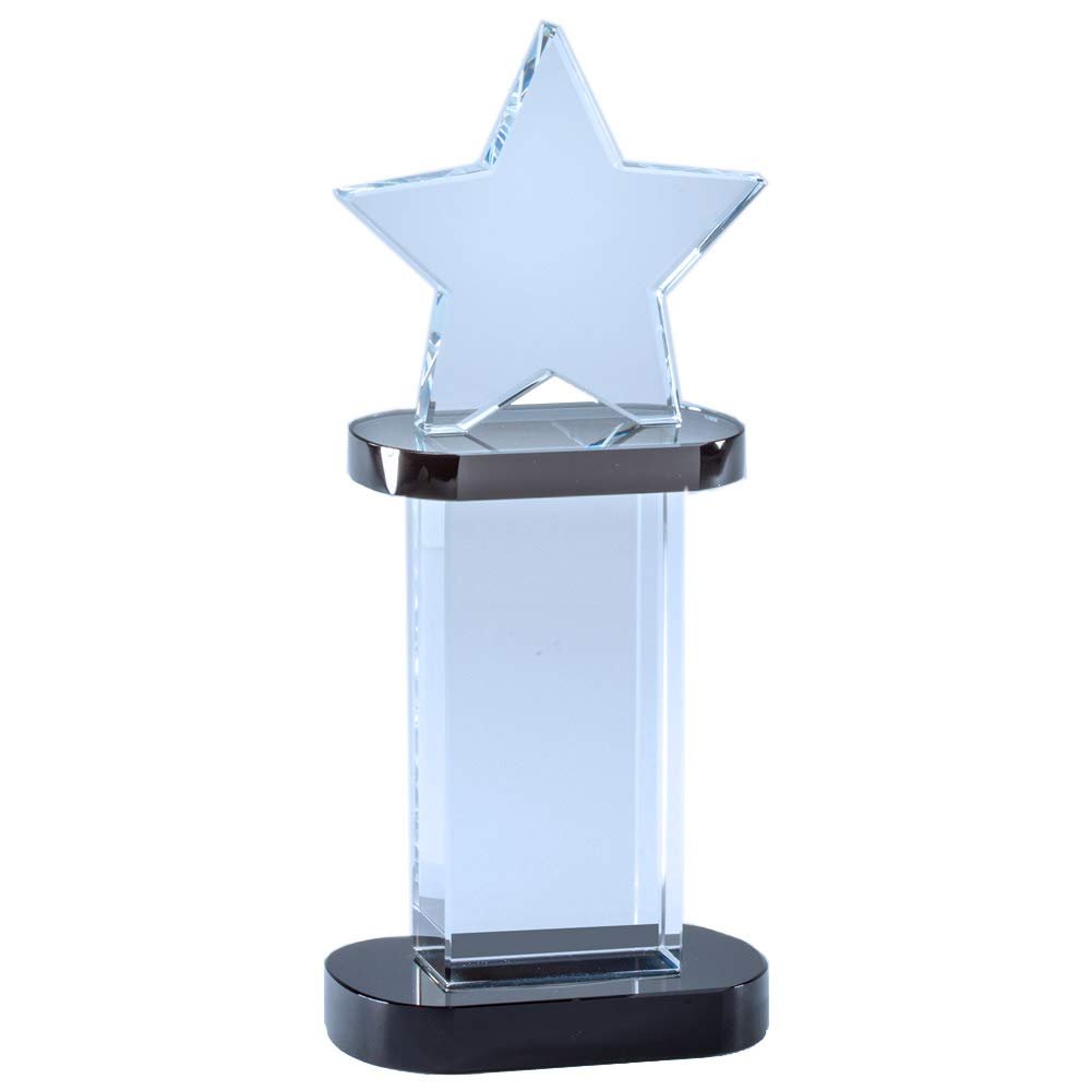 SHOP AWARDS AND GIFTS Customizable 8-1/4 Inch Optical Crystal Star Tower Award on Black Base, Includes Personalization