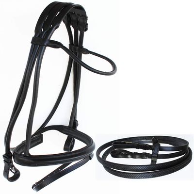 CHALLENGER Horse English Leather COB Padded Noseband Riding Adjustable Flash Bridle Reins 803S46-C