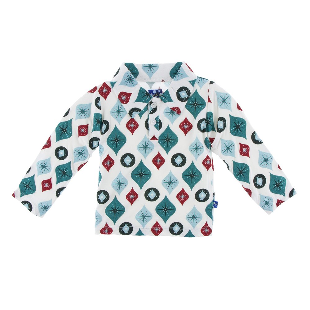 KicKee Pants Little Boys Holiday Long Sleeve Polo - Natural Vintage Ornaments, 4T