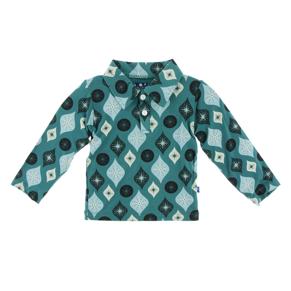 KicKee Pants Little Boys Holiday Long Sleeve Polo - Cedar Vintage Ornaments, 4T