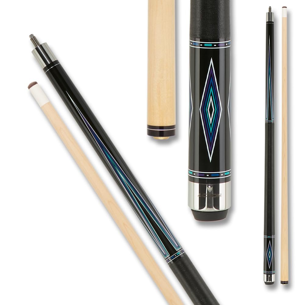 Action Classic Billiards Pool Cue Stick - 13mm 7-Layered Tip, 29" Hard Rock Maple Wood Shaft with 10-12" Taper - Black w/Multi-Colored Points - 19oz