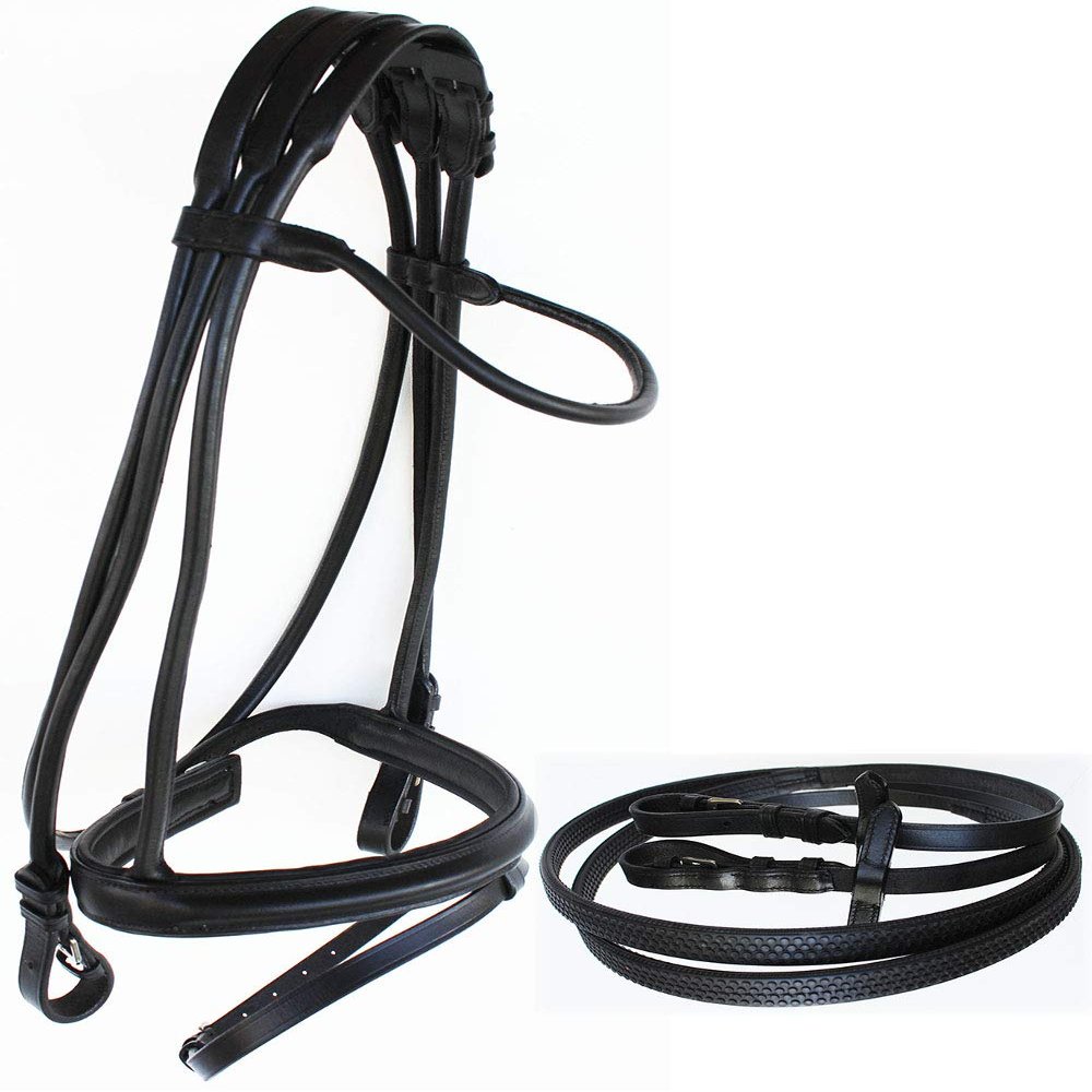 CHALLENGER Horse English Leather Padded Noseband Riding Adjustable Flash Bridle Reins 803S46