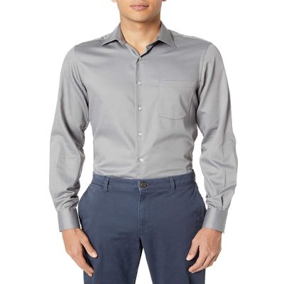 Van Heusen Men's Dress Shirts Fitted Lux Sateen Stretch Solid Spread Collar Shirt, Grey, 16" Neck 36"-37" Sleeve
