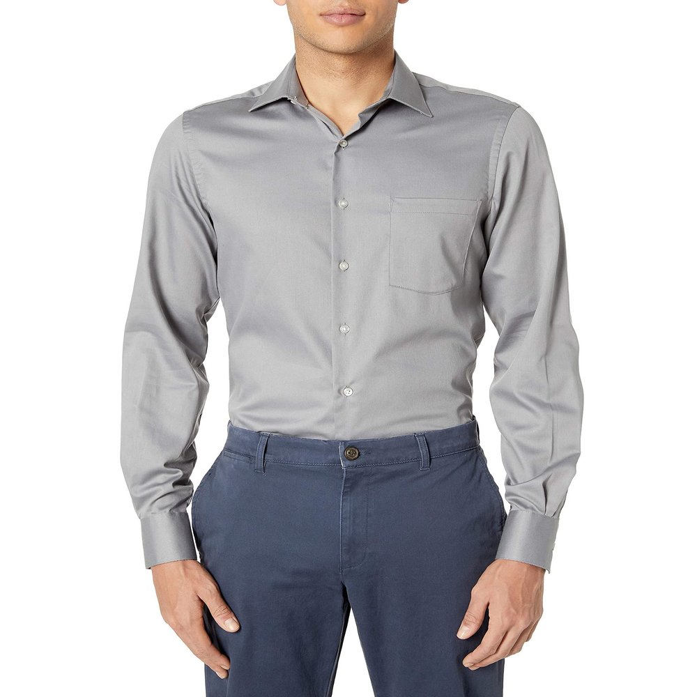 Van Heusen Men's Dress Shirts Fitted Lux Sateen Stretch Solid Spread Collar Shirt, Grey, 16" Neck 36"-37" Sleeve
