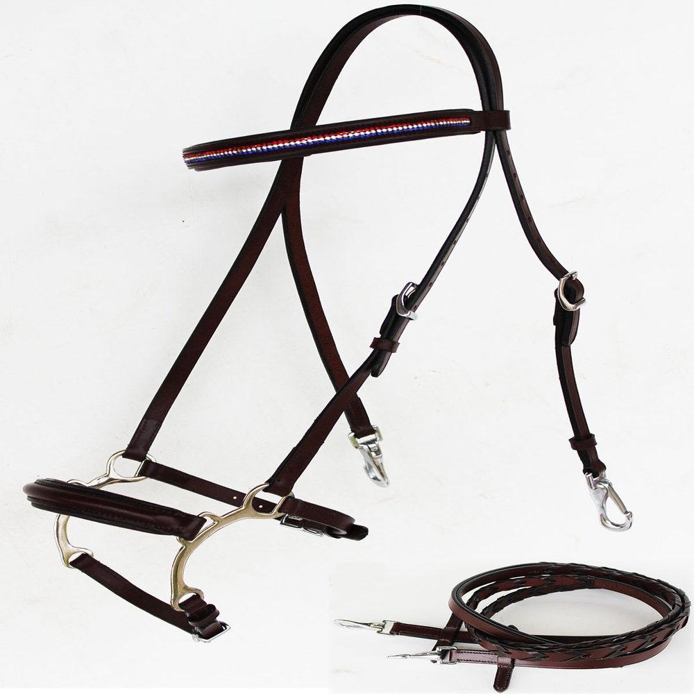 CHALLENGER Horse English Leather Bridle Reins Tack Bling Black COB 803S39-C