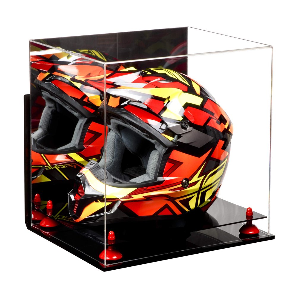 Better Display Cases Acrylic Motorcycle Motocross or Racing Helmet Display Case with Mirror, Wall Mount and Red Risers (A024-RR)