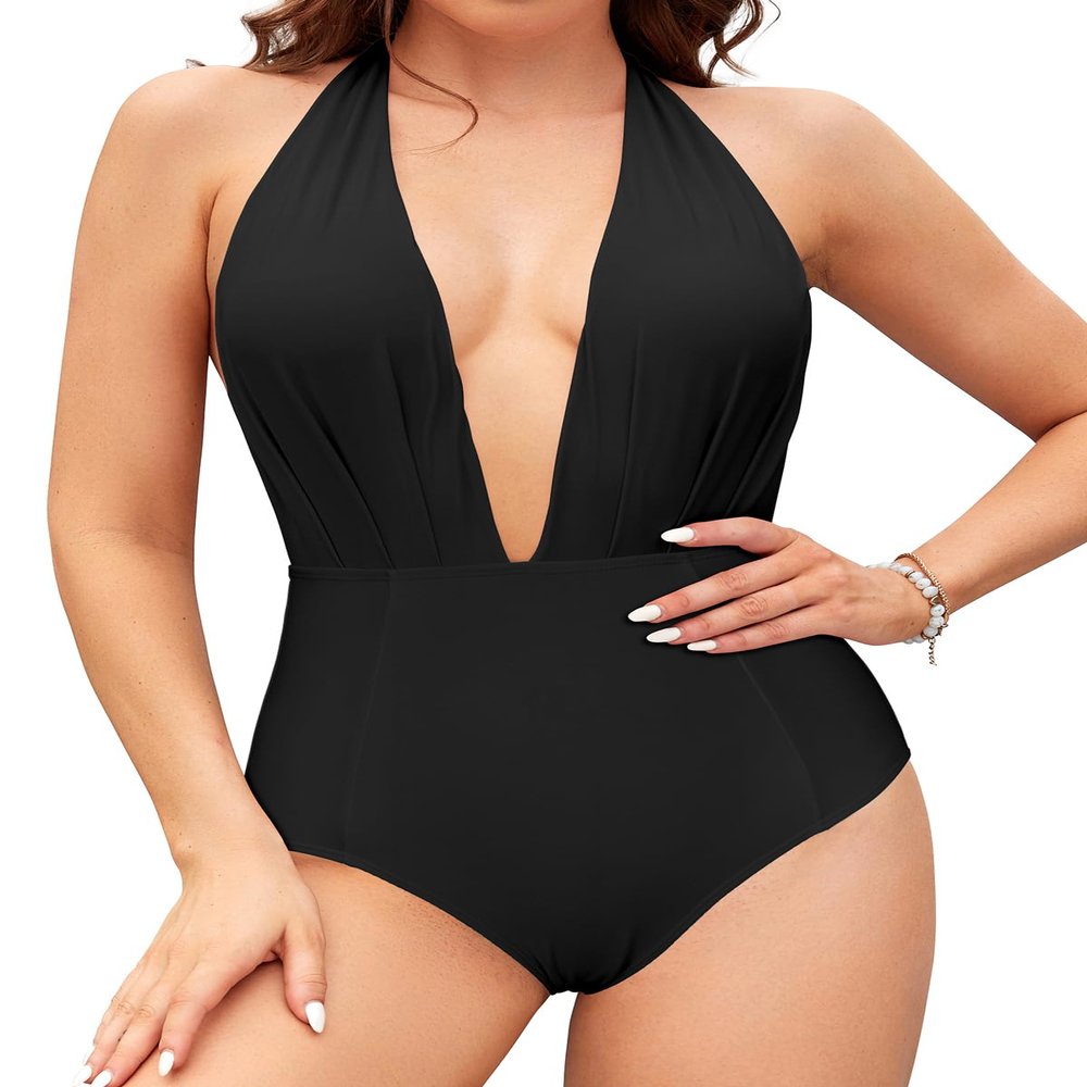 SHEKINI Women's Retro Deep V-Neck Bathing Suit Backless High Waisted One Piece Swimsuit (Black, Small)