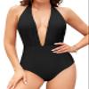 SHEKINI Women's Retro Deep V-Neck Bathing Suit Backless High Waisted One Piece Swimsuit (Black, Small) view 1
