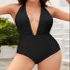SHEKINI Women's Retro Deep V-Neck Bathing Suit Backless High Waisted One Piece Swimsuit (Black, Small) view 2