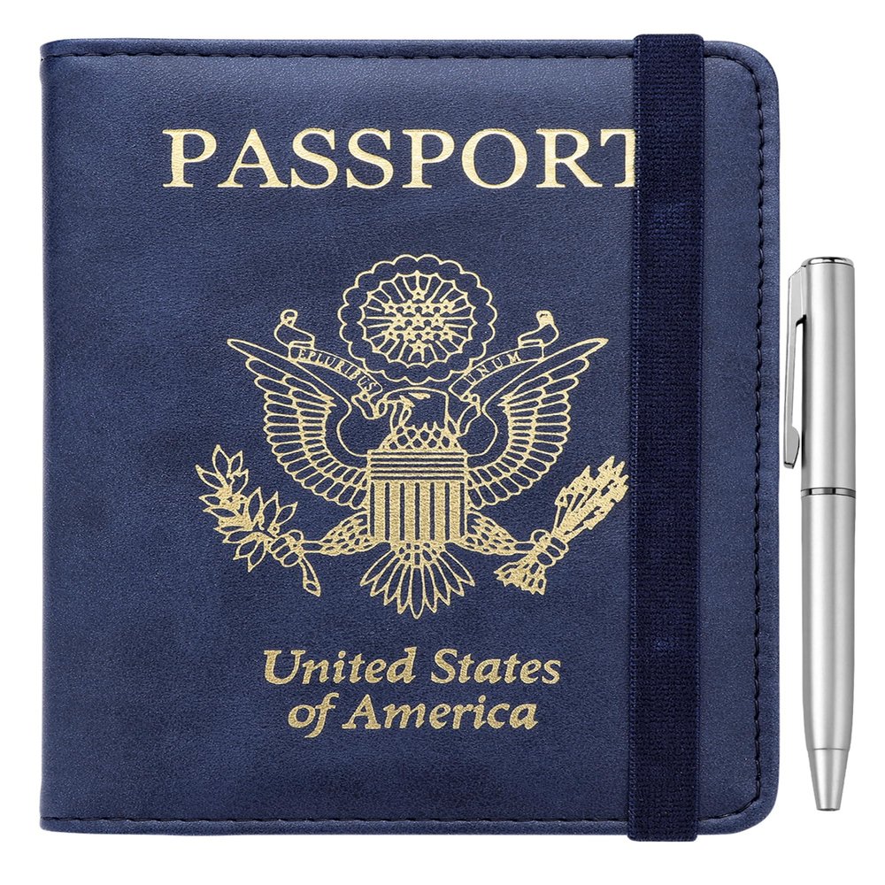 WALNEW Passport Holder for Travel, RFID Passport Cover Wallet for Women Men, PU Leather Passport Book Card Holder Case with Pen, Travelling Essentials for Flying