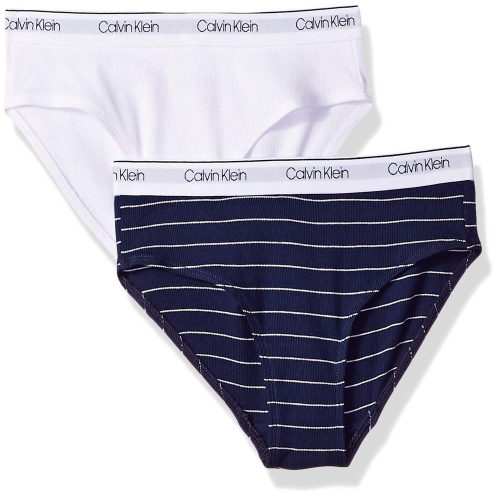 Calvin Klein Kids Girls' Modern Cotton Bikini Underwear 2-Pack, Ck Navy Stripe/Classic White, Small
