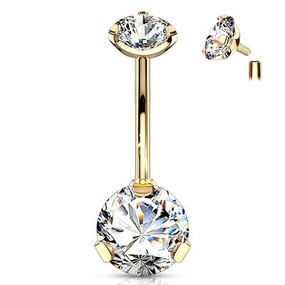 Forbidden Body Jewelry Long Belly Button Rings, Belly Button Jewelry, 14G Surgical Steel, Tri-Prong Round CZ Solitaire Belly Ring for Women, Internally Threaded (Gold/Clear)