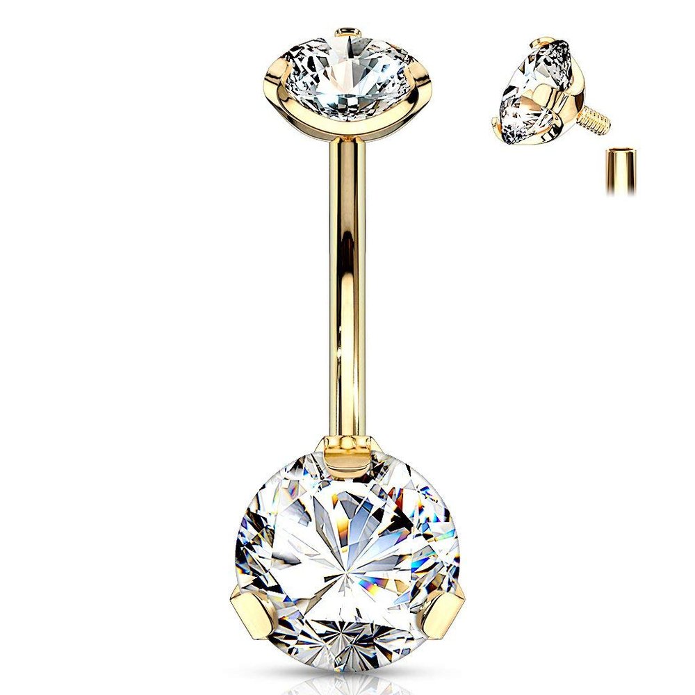 Forbidden Body Jewelry Long Belly Button Rings, Belly Button Jewelry, 14G Surgical Steel, Tri-Prong Round CZ Solitaire Belly Ring for Women, Internally Threaded (Gold/Clear)