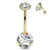 Forbidden Body Jewelry Long Belly Button Rings, Belly Button Jewelry, 14G Surgical Steel, Tri-Prong Round CZ Solitaire Belly Ring for Women, Internally Threaded (Gold/Clear) view 1