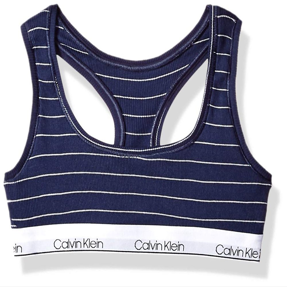Calvin Klein Kids Girls' Modern Cotton Racerback Bralette, Navy Blue Stripe, Small