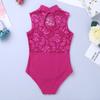 ranrann Kids Girls Dance Leotard Turtle Neck Lace Splice One Piece Gymnastic Ballet Dance Jumpsuit Bodysuit Activewear Rose Red 11-12 view 4