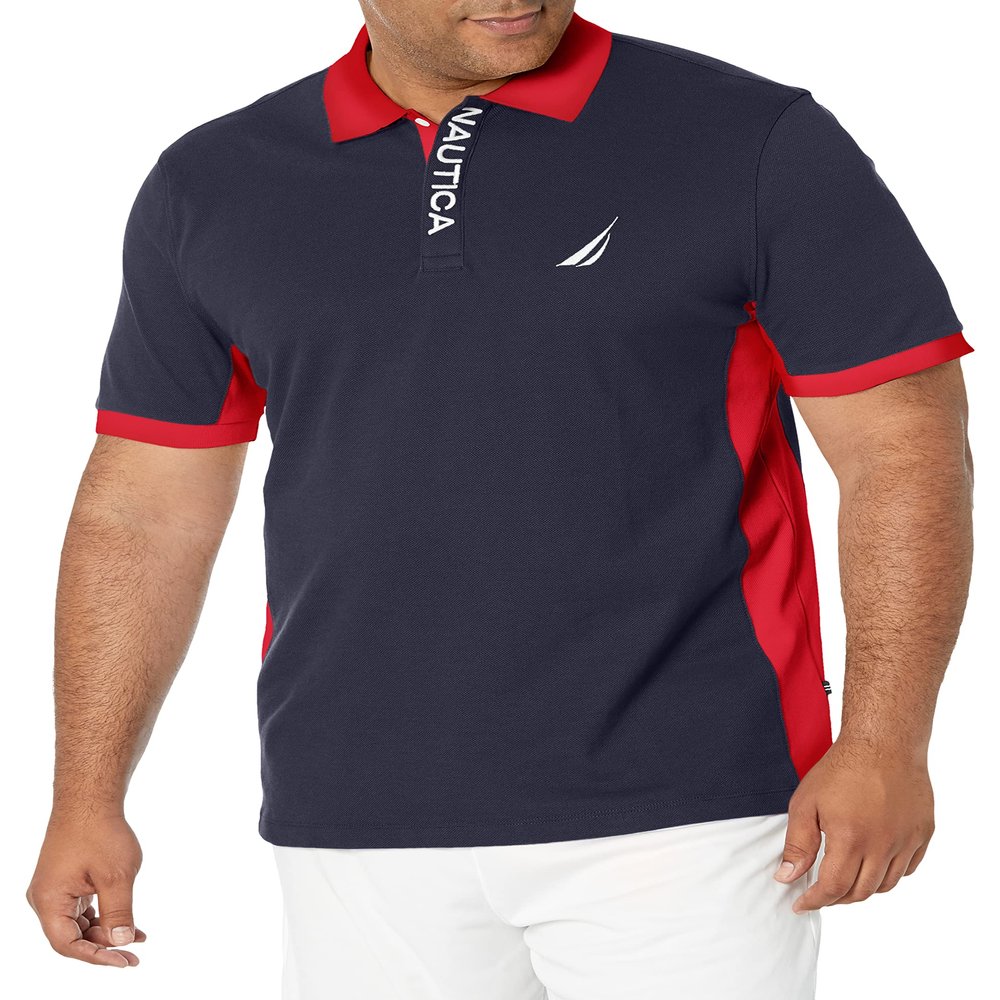 Nautica Men's Short Sleeve Color Block Performance Pique Polo Shirt Shirt, Navy, Medium