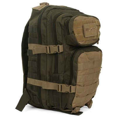 Mil-Tec Ranger Assault Pack - Rugged Durable Lightweight Versatile Tactical Outdoor Camping Hiking Backpack with Adjustable Padded Shoulder Straps & MOLLE Loops, Green/Coyote, 20L