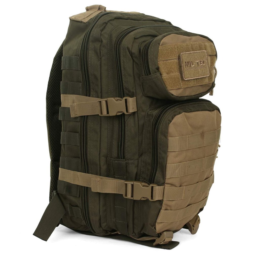 Mil-Tec Ranger Assault Pack - Rugged Durable Lightweight Versatile Tactical Outdoor Camping Hiking Backpack with Adjustable Padded Shoulder Straps & MOLLE Loops, Green/Coyote, 20L