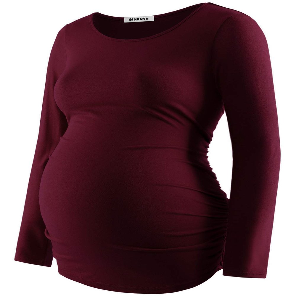 GINKANA Maternity Shirt Long Sleeve Basic Top Side Ruching Bodycon Tshirt for Mama Pregnant Women Burgundy Red