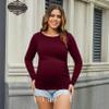 GINKANA Maternity Shirt Long Sleeve Basic Top Side Ruching Bodycon Tshirt for Mama Pregnant Women Burgundy Red view 2