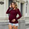 GINKANA Maternity Shirt Long Sleeve Basic Top Side Ruching Bodycon Tshirt for Mama Pregnant Women Burgundy Red view 3