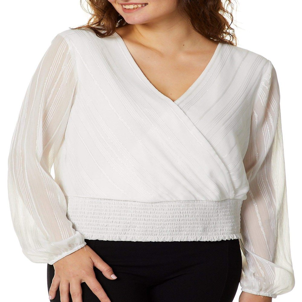 A. Byer Junior's Wrap Top with Smocked Banded Bottom, Off White, Large