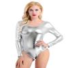 Agoky Women's One Piece Shiny Metallic Long Sleeve Gymnastics Leotard Bodysuit Dancewear Clubwear Silver Medium view 1