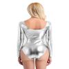 Agoky Women's One Piece Shiny Metallic Long Sleeve Gymnastics Leotard Bodysuit Dancewear Clubwear Silver Medium view 3