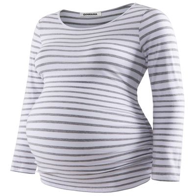 GINKANA Maternity Shirt Long Sleeve Basic Top Side Ruching Bodycon Tshirt for Mama Pregnant Women