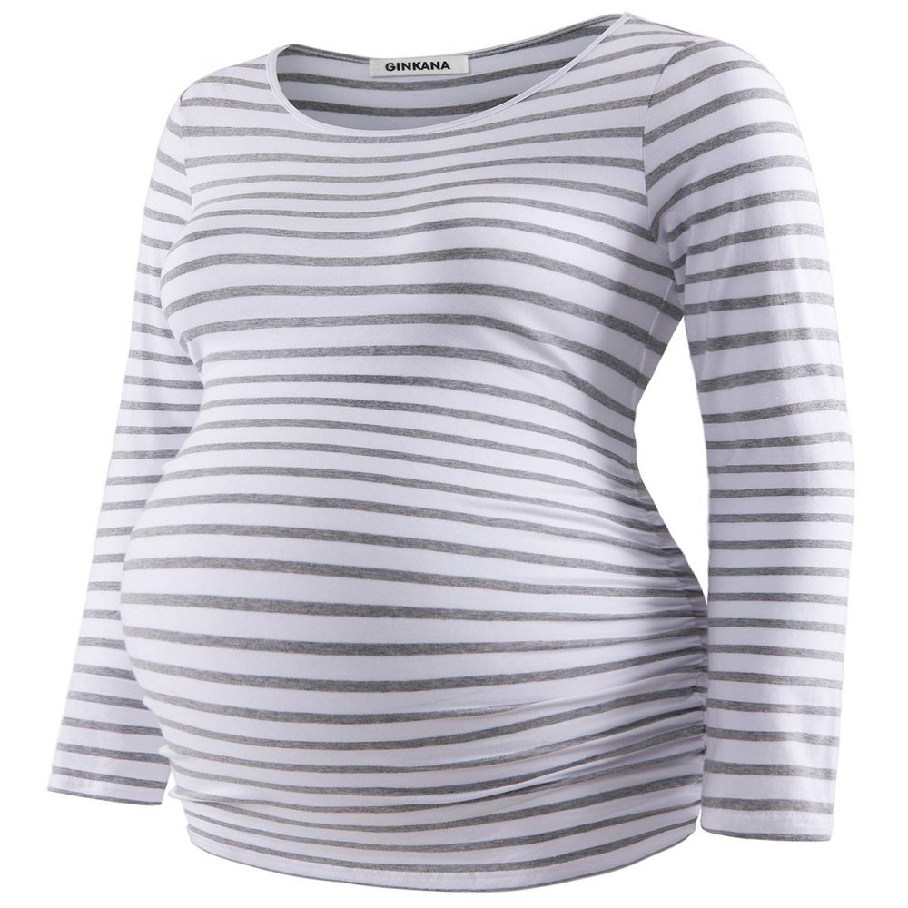 GINKANA Maternity Shirt Long Sleeve Basic Top Side Ruching Bodycon Tshirt for Mama Pregnant Women