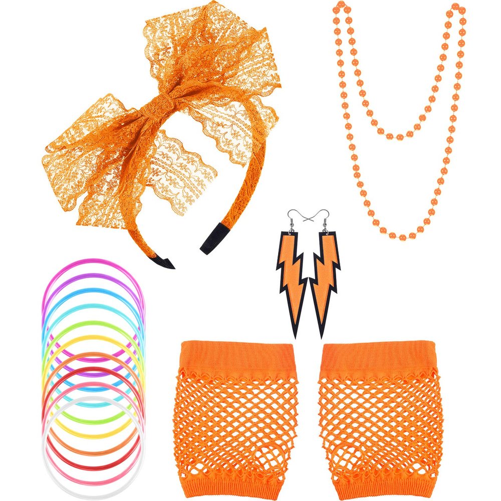 Blulu 80s Accessories Women Lace Headband Earrings Fishnet Gloves Necklace Bracelet for 80s Retro Party Halloween (Orange)