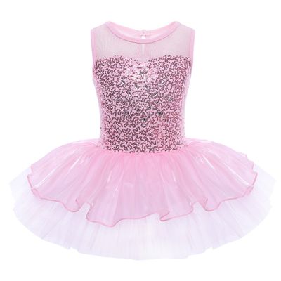 Agoky Kids Girls Mermaid Scales Sequins Gymnastics Mesh Tutu Dress Leotard Ballet Dancewear Pink Sequins 10