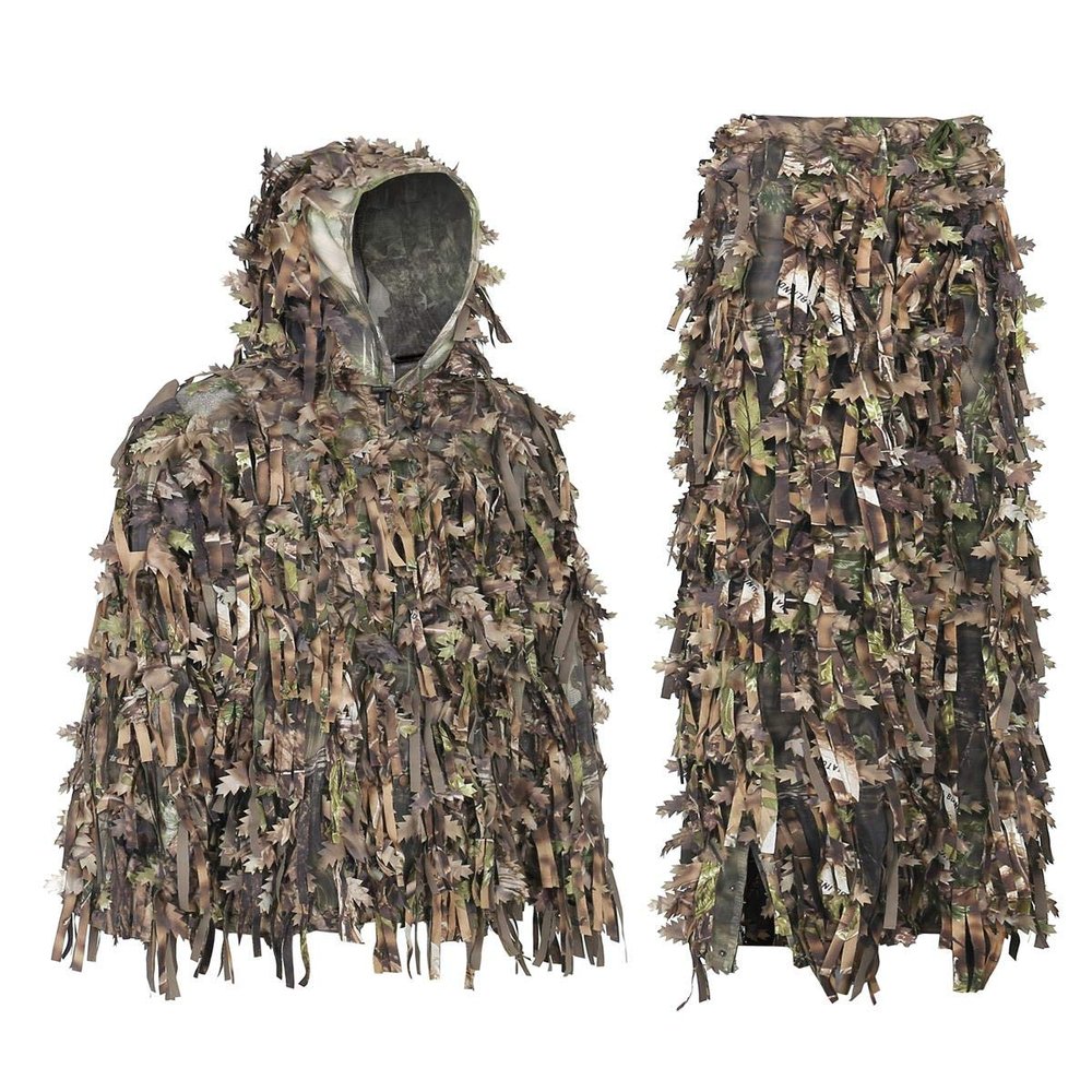 AUSCAMOTEK 3D Ghillie Suit Lightweight Camouflage Hunting Clothing Set with Leafy & Strip Design, Breathable Mesh Lining for Outdoor Activities - XL/XXL, Green Camo