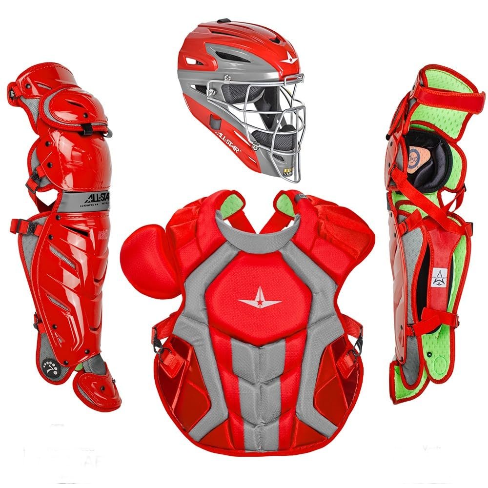 All-Star S7 Axis for Adults - Baseball Catching Equipment Kit (Catching Helmet, Chest Protector, Leg Guards), NOCSAE Standard (Scarlet/Graphite)