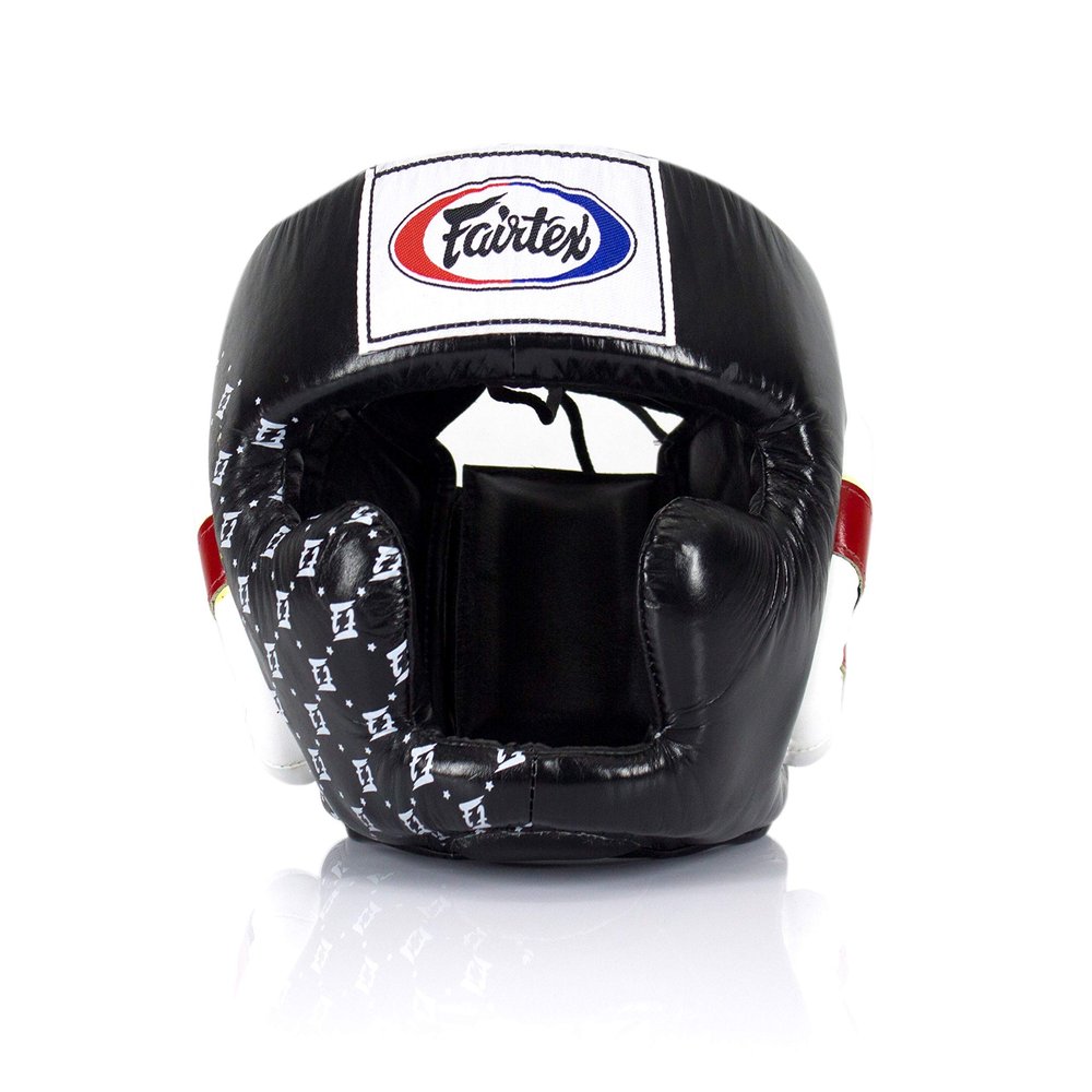 Fairtex Headgear HG10 | Protective Headgear for Muay Thai | Enhanced Comfort & Vision with Adjustable Straps & Multi-Layered Foam Padding | Prevents Injuries to Ears, Cheeks & Chin (Large-Black/White)
