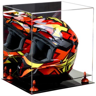 Better Display Cases Acrylic Motorcycle Motocross or Racing Helmet Display Case with Mirror and Orange Risers (A024-OR)